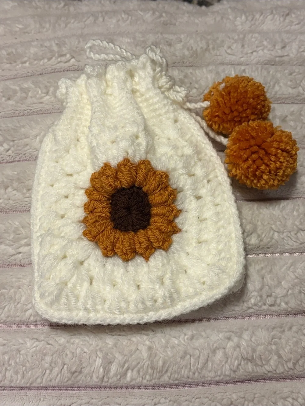 Handmade Cream Crochet Kids Drawstring Pouch with Sunflower
